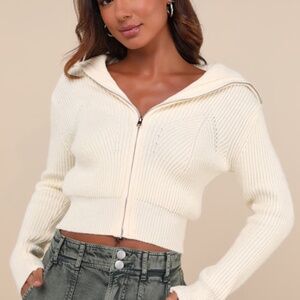 Lulus Cozy Inclination Ivory Cropped Zip-front Collared Sweater White - Size S